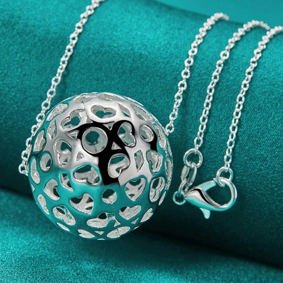 Hollow Heart Ball Sphere Pendant Silver Necklace & 18" Chain - Picture 4 of 9